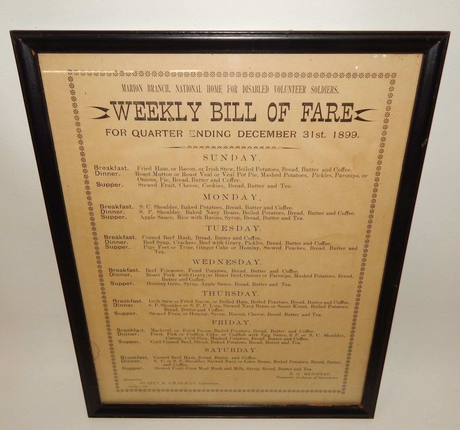 Antique 1899 Disabled Volunteer Soldiers Home Weekly Bill of Fare - Framed