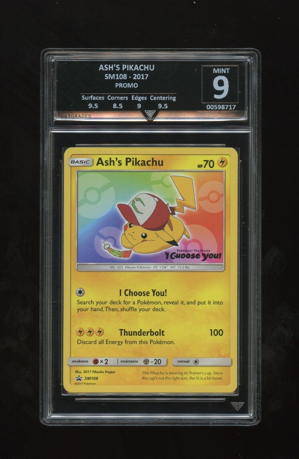 Pokemon TCG - Ash's Pikachu Promo Card SM108 Get Graded 9 ref 282