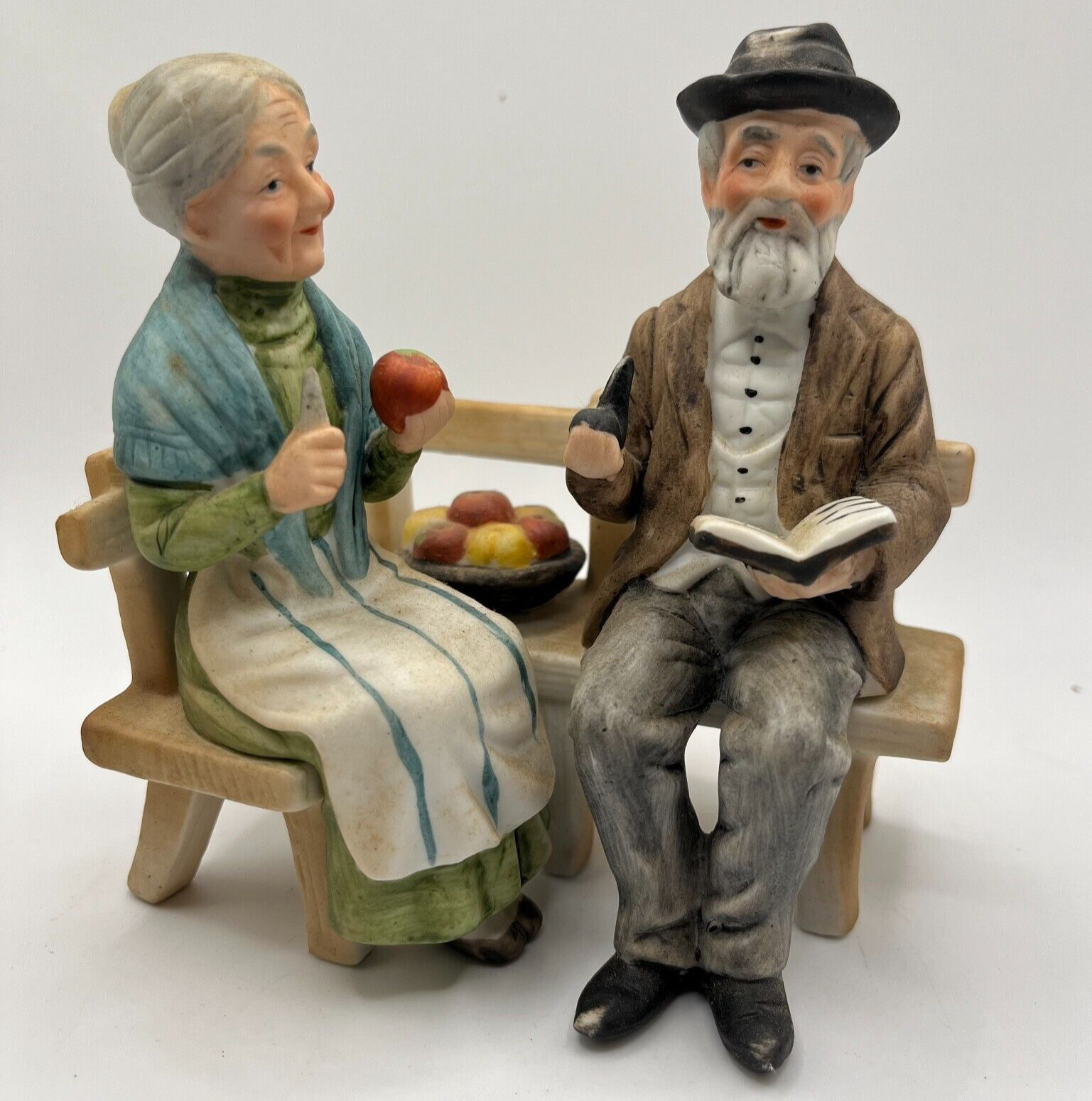 Lefton Porcelain Figurine of Old Elderly Couple Sitting on Bench Man Woman VTG