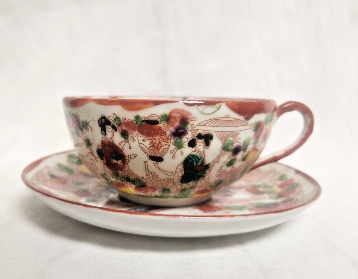 Vintage Japanese Geisha Porcelain Tea Cup & Saucer Set Hand Painted