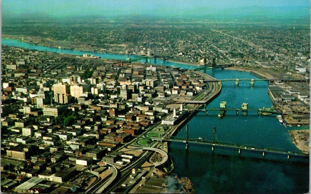c1960s Aerial View of City River & Bridges in Portland Oregon Vintage Postcard