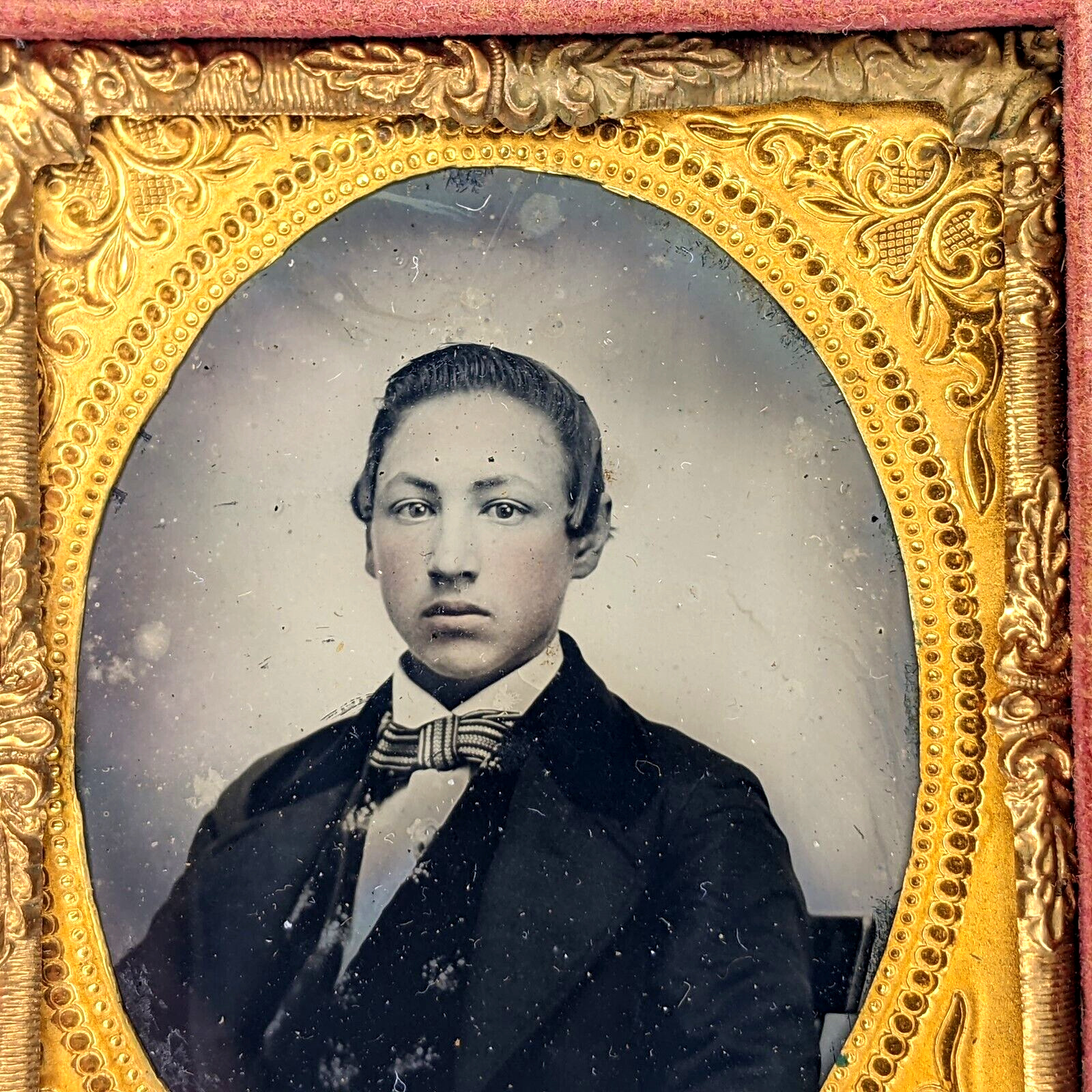 c1850s Handsome Young Man 9th Plate Tintype Tinted Cheeks Real Photo w/ Case H41
