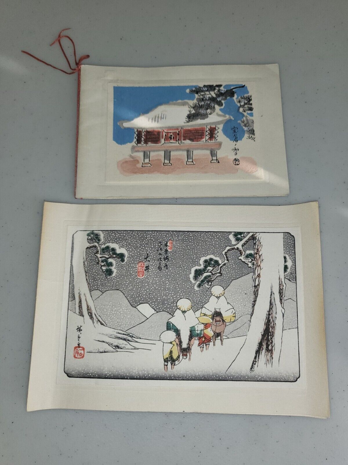 Lot of 2 Japanese Lithographs Used as Vintage Greeting Cards *See Pictures*