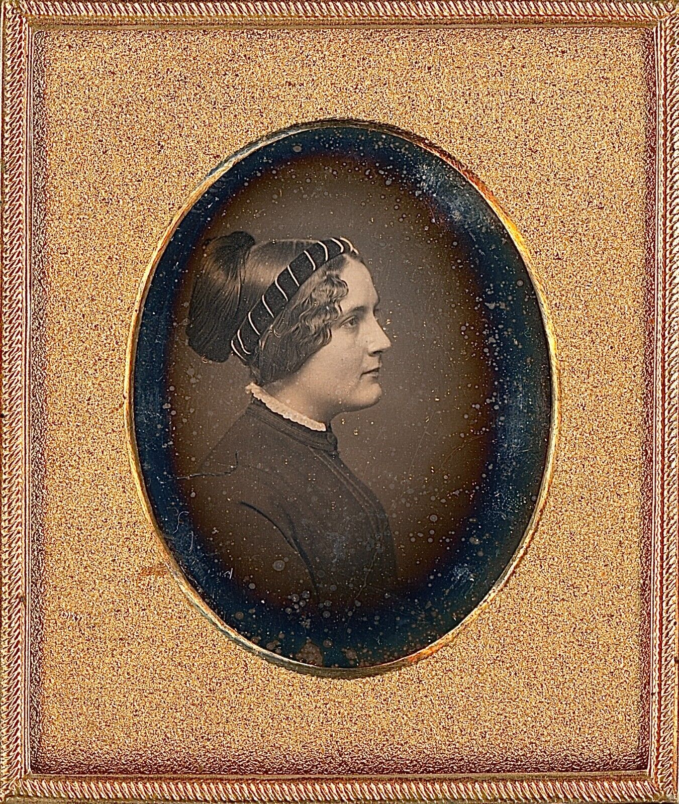 Profile View Pretty Young Lady Striped Headband 1/6 Plate Daguerreotype T468