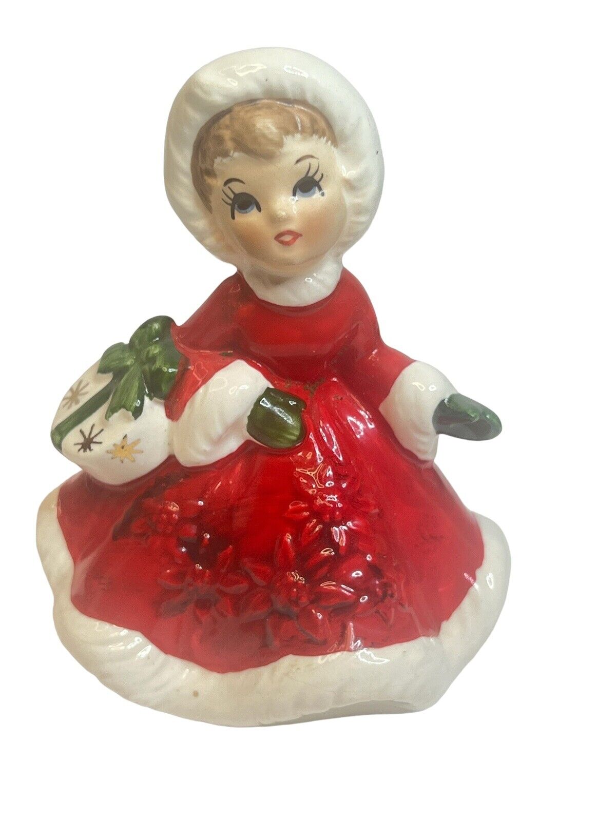 Vintage 1950s Lefton Girl #6604 Christmas Figurine Japan Shopper Girl