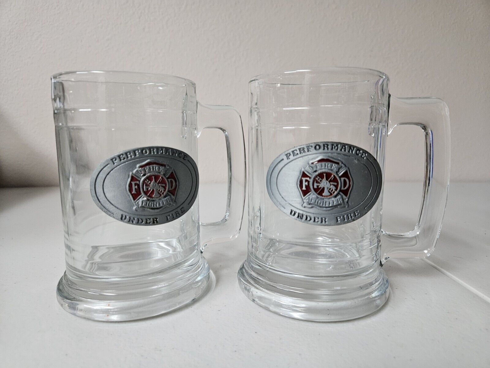 Set Of 2 Glass Mugs Firefighter Pewter Performance Under Fiew