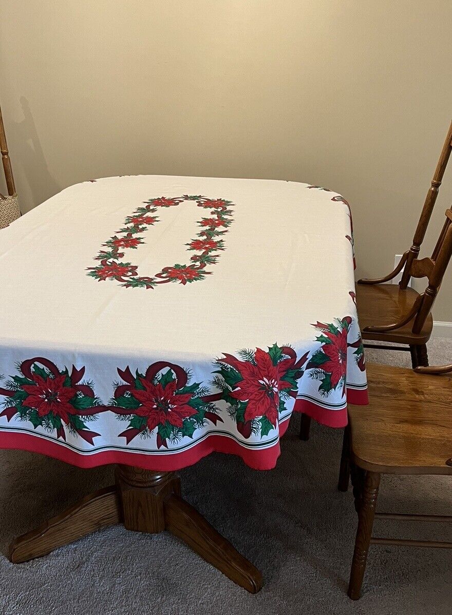Vintage Kmart Christmas Tablecloth Poinsettias Oval 82” x 63” - As Is