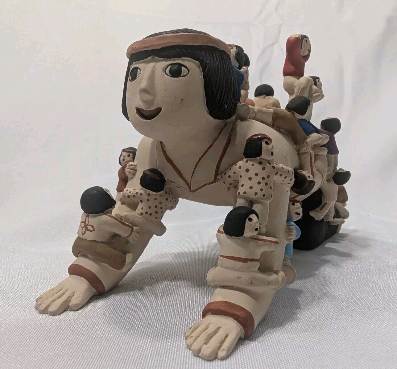 Native American Storyteller Pottery Sculpture Man Crawling Carrying Children