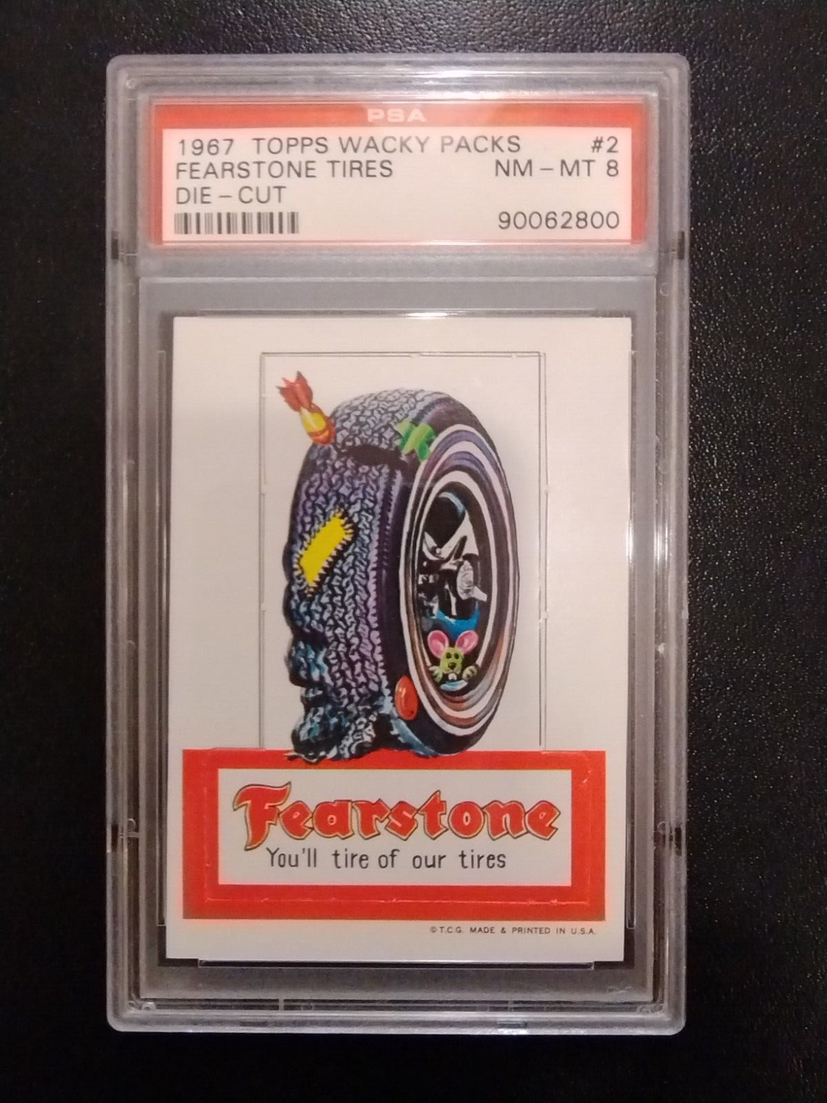 1967 Topps Wacky Packages FEARSTONE TIRES Die Cut #2, PSA 8 NM/Mint