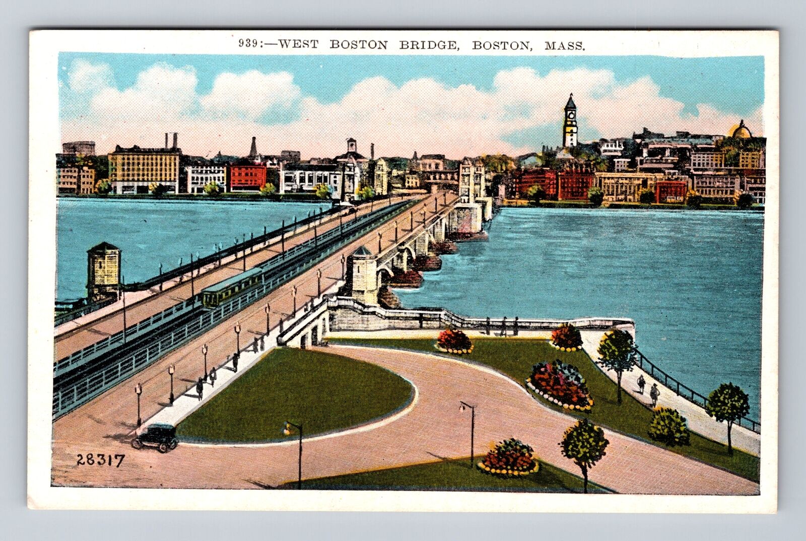 Boston MA-Massachusetts, Aerial West Boston Bridge, Antique, Vintage Postcard