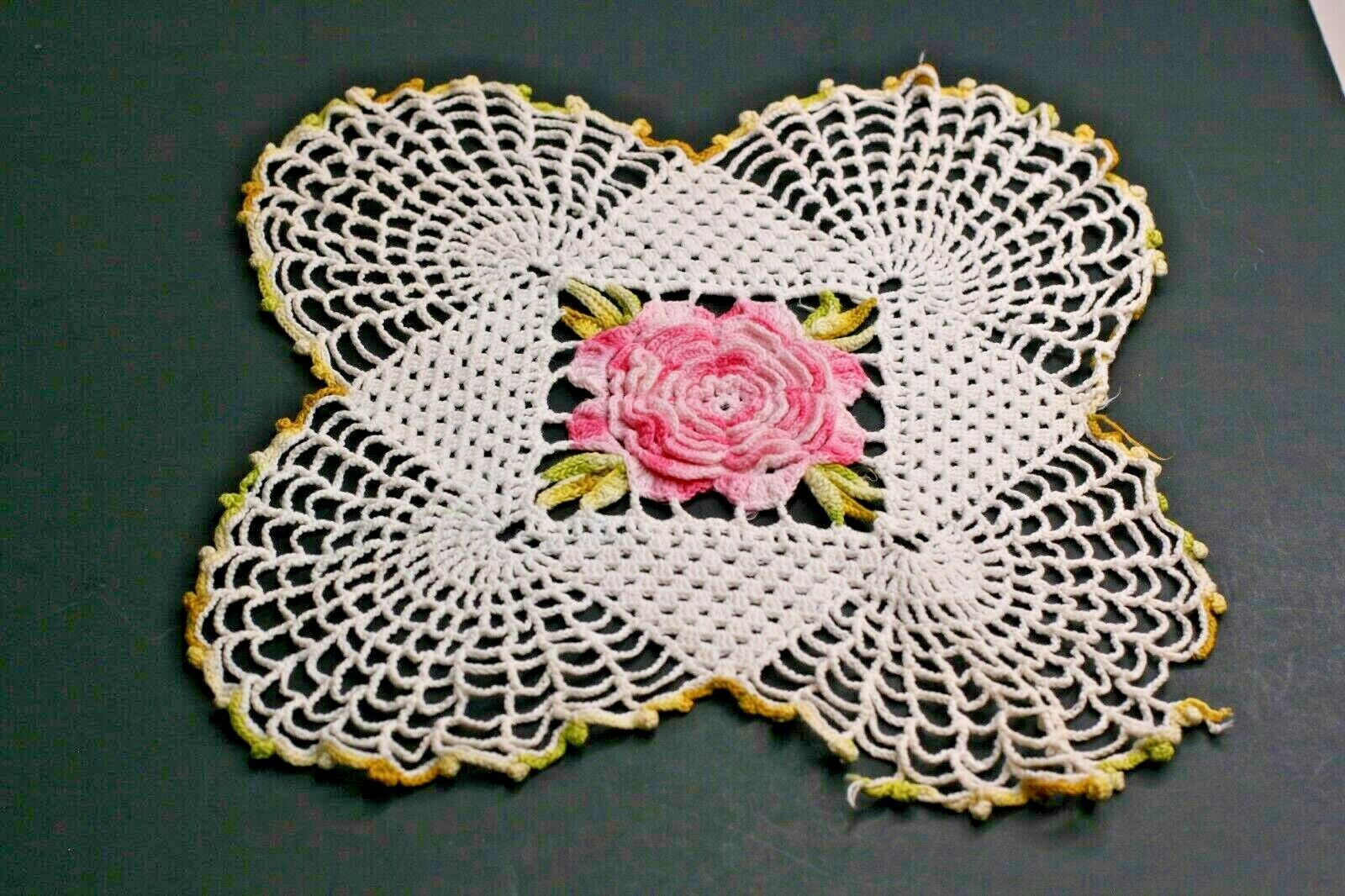 Vintage Handmade Crochet 3D Pink Rose Lace Doily Pink White Cottage Centerpiece 