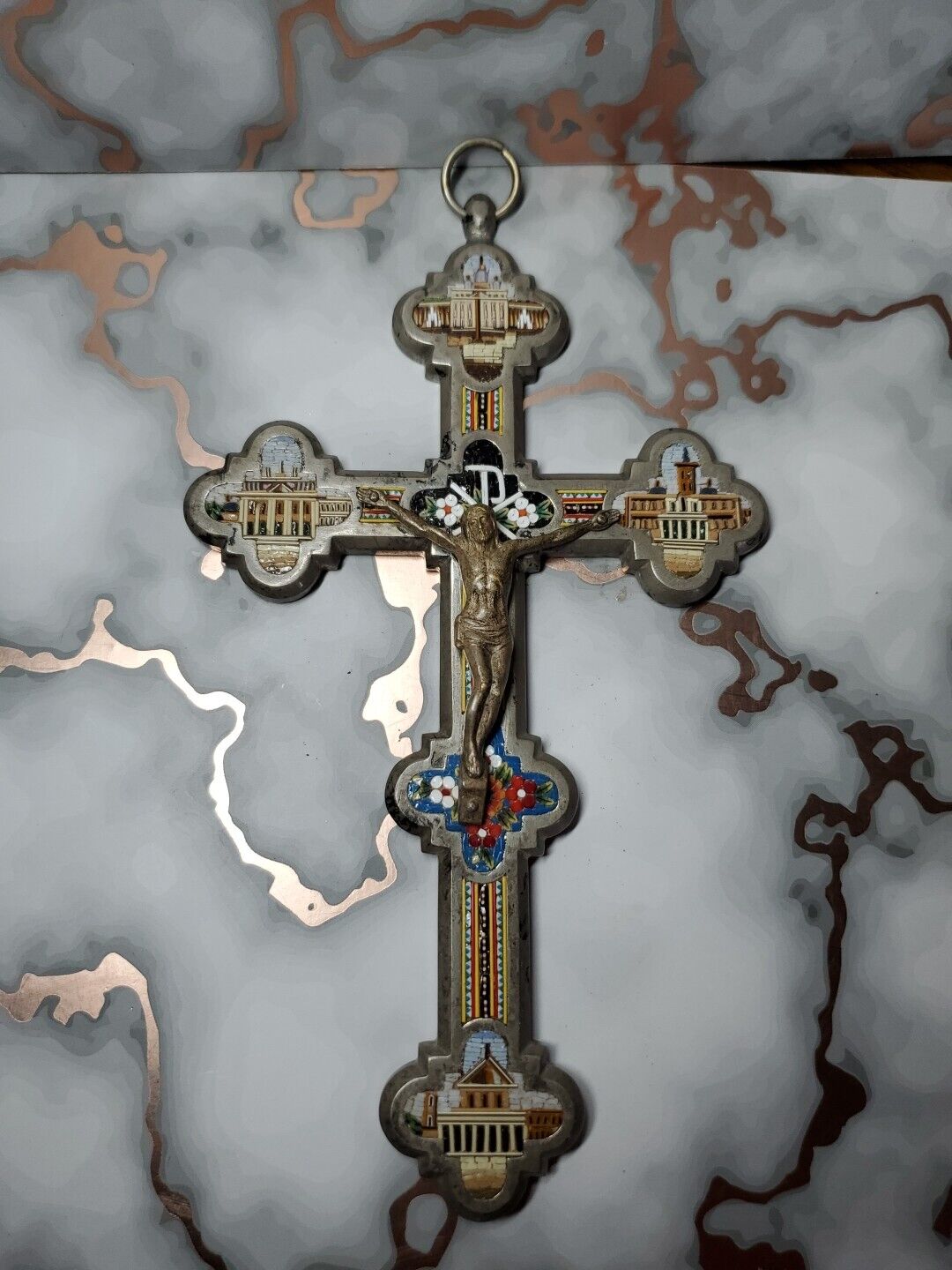 Antique Micro Mosaic Crucifix Four Scenes