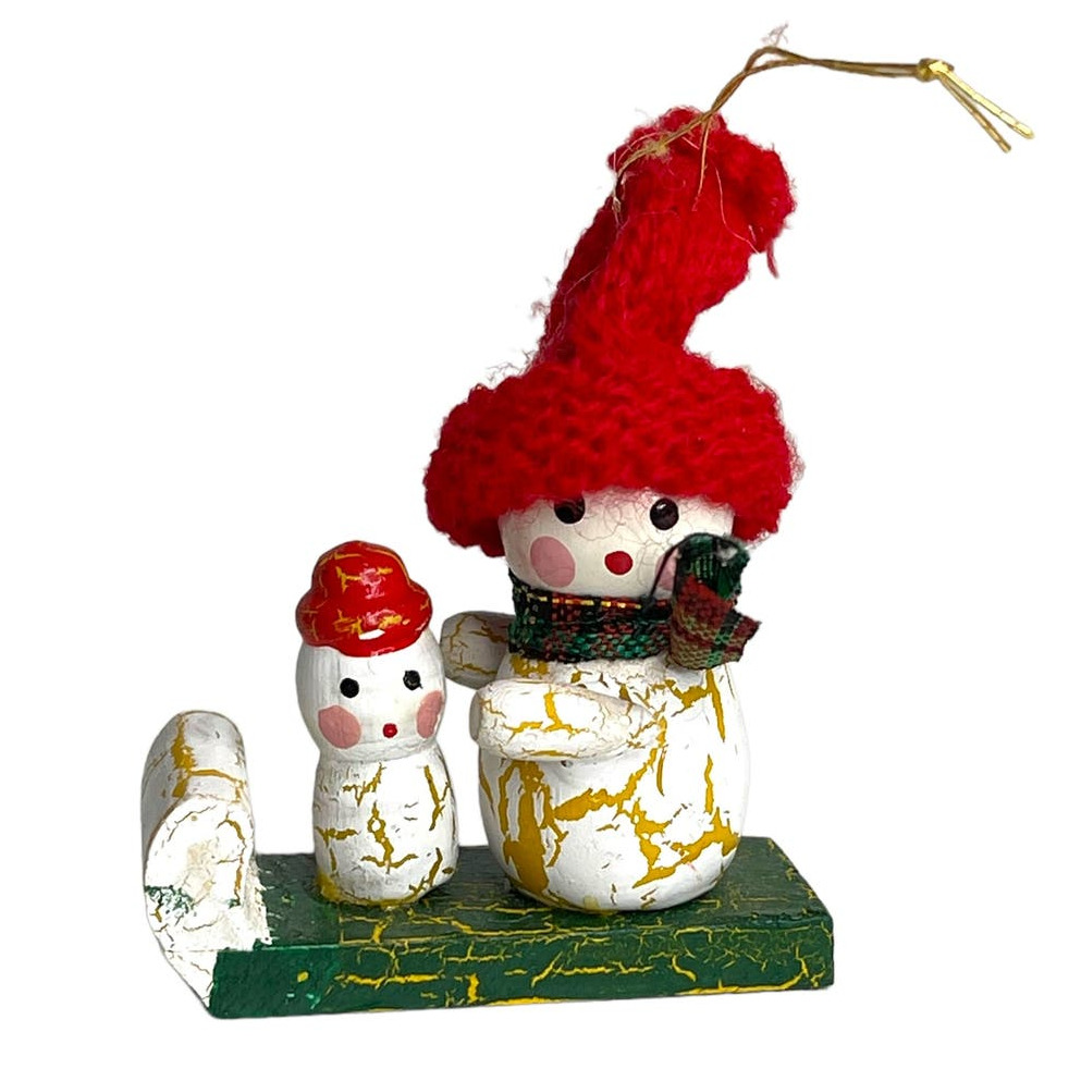 Vintage Wooden Snowmen Sledding Christmas Ornament