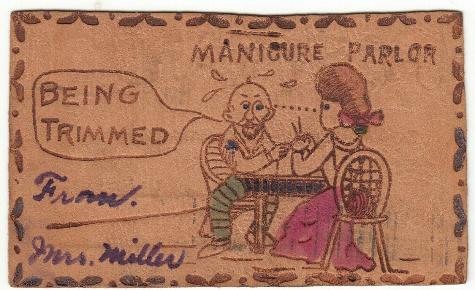 c1906 Vintage Manicure Parlor Being Trimmed Occupational Comic Leather Postcard