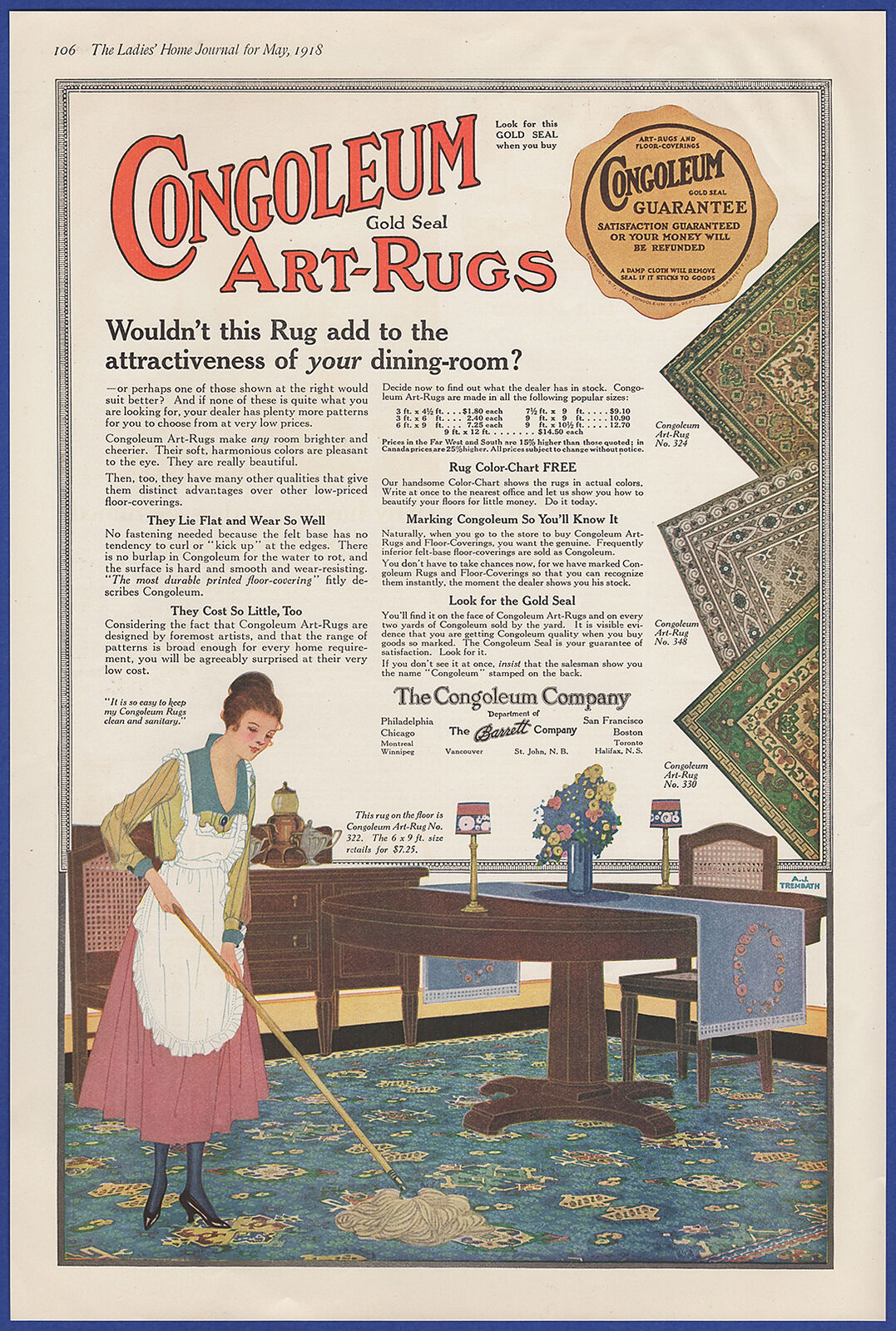 Vintage 1918 CONGOLEUM Gold Seal Art-Rugs Flooring Decor Ephemera Print Ad