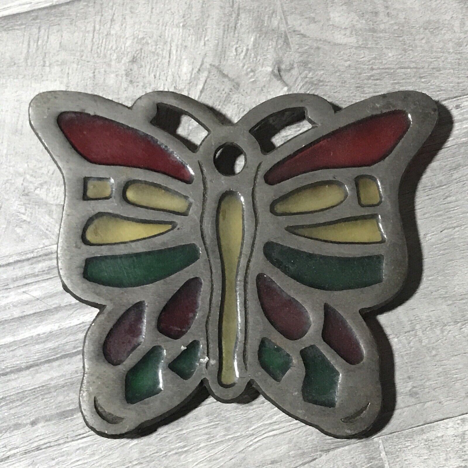 Vintage Green, Yellow Red Stained Glass Metal Footed Butterfly Trivet  W13