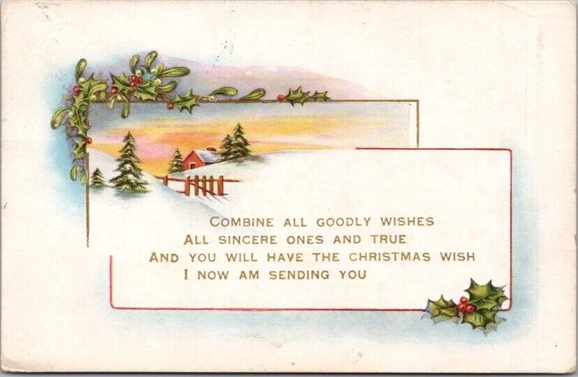 Vintage Whitney CHRISTMAS Greetings Postcard Winter House Scene / 1919 Cancel