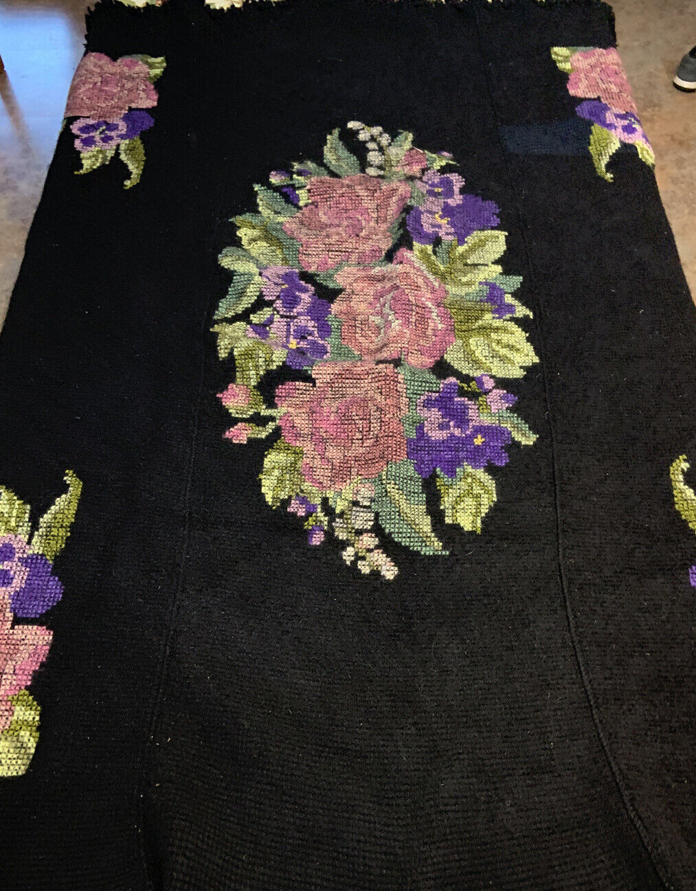 Rare Victorian Heavy Knit Cross Stitch Wool Blanket Floral Afghan Antique 55x66