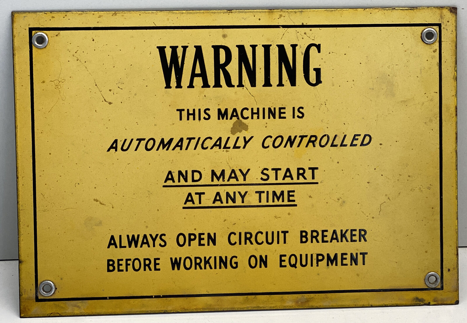 VINTAGE PORCELAIN WARNING MACHINE AUTOMATICALLY CONTROLLED MAY START ANY TIME
