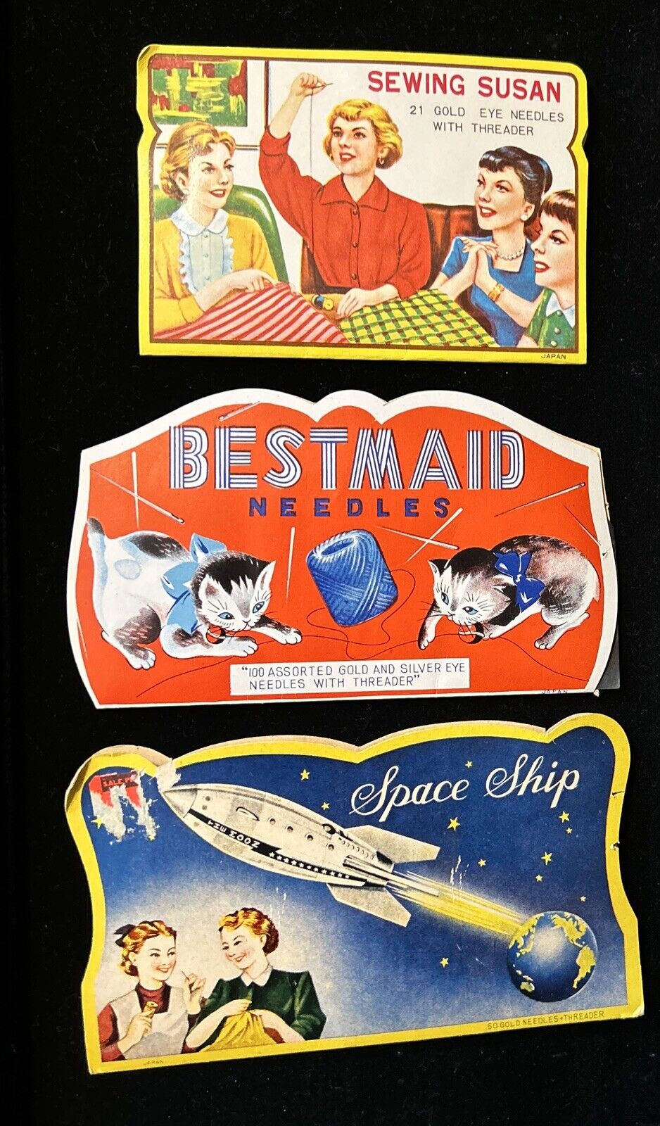 Set of 3 Vtg Sewing Needle Kits Space Ship Kitten Bestmaid Sewing Susan