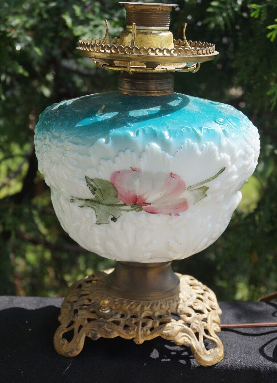 Antique 1890s Consolidated EMBOSSED FLOWERS Milk Glass Oil Lamp - HAND PAINTED