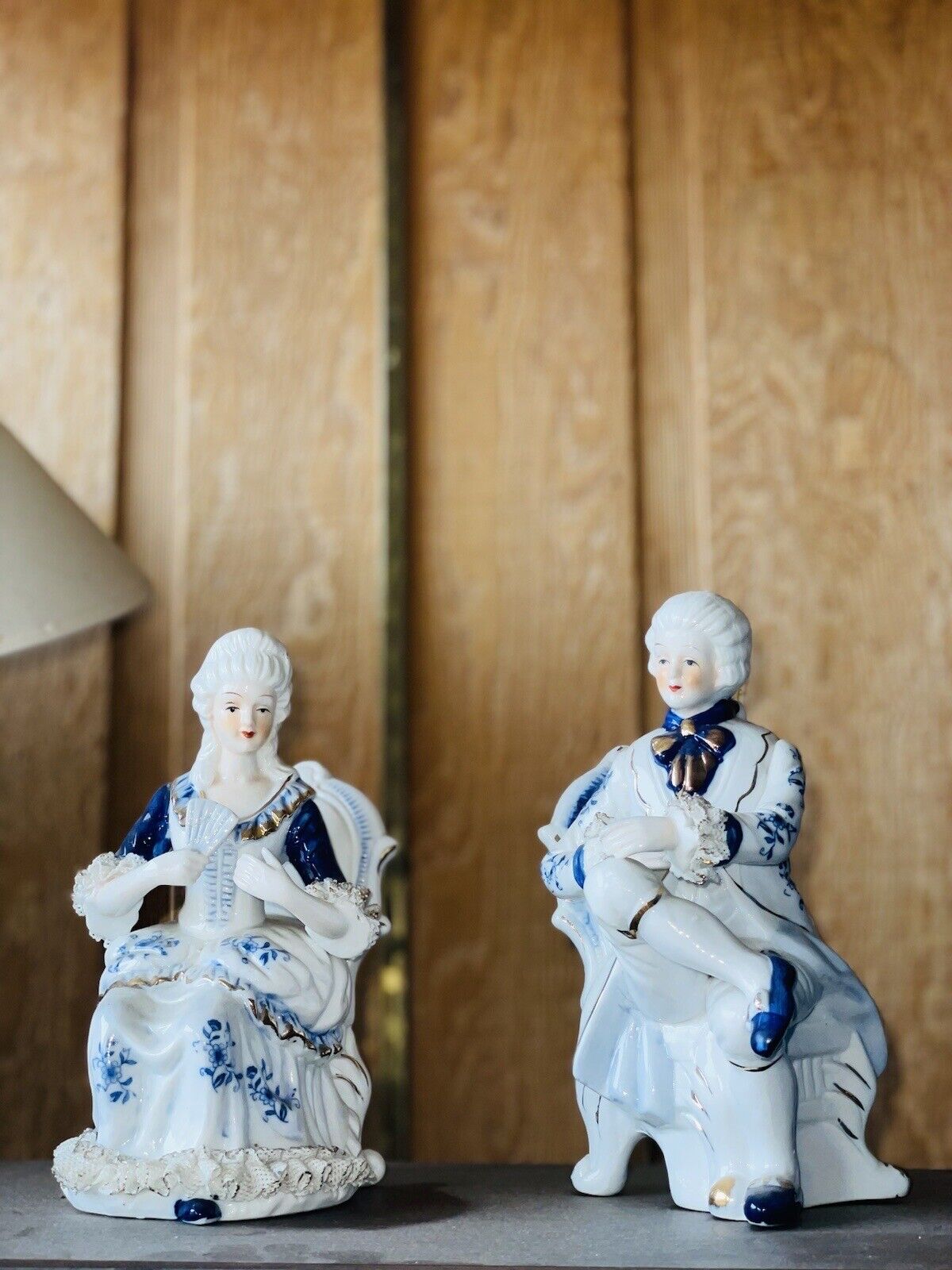 Vintage Deville Colonial Blue & White Porcelain w/Gold tip Gent & Lady Taiwan 