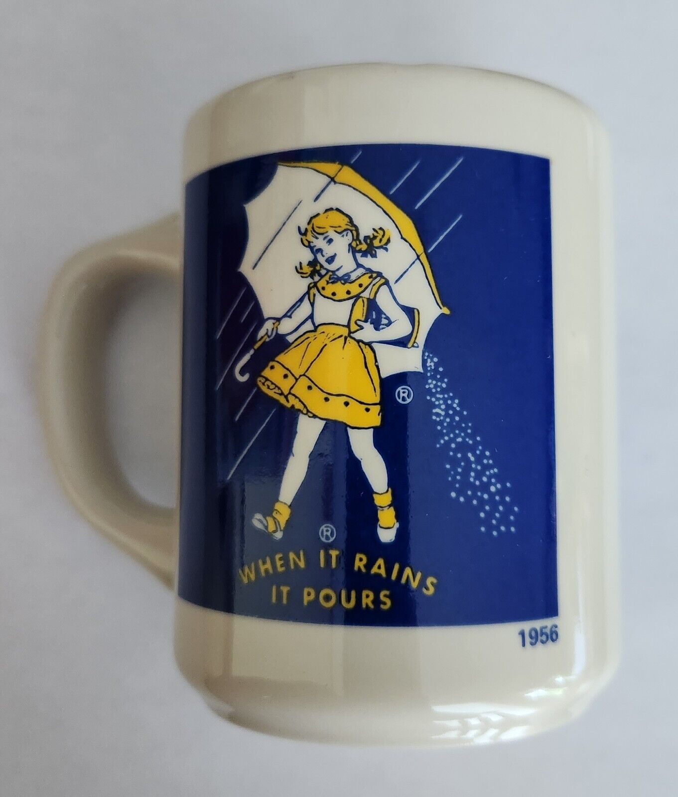 Vintage 1956 Morton Salt Girl Coffee Mug Cup Blue Yellow When It Rains It Pours
