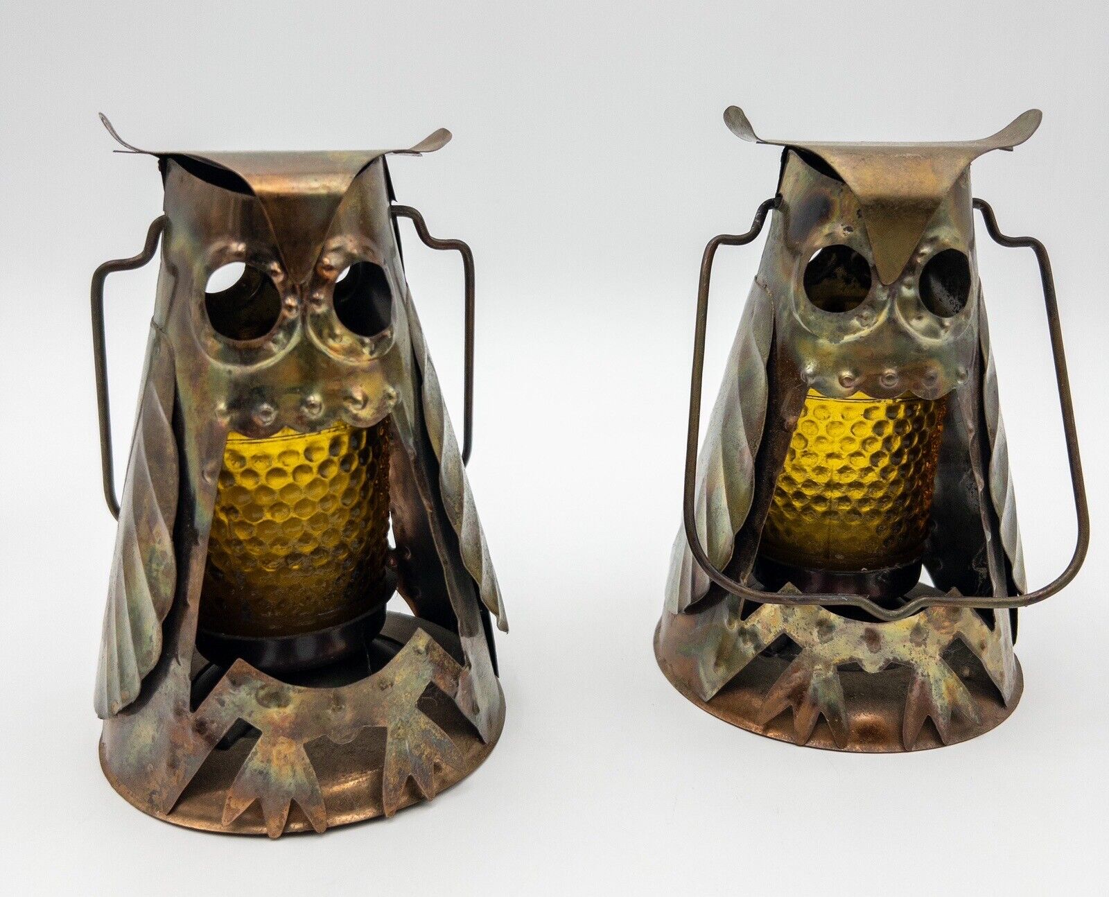 Vintage Brutalist OWL Metal Lanterns Candle Holder Pair (2) 1960s -1970s