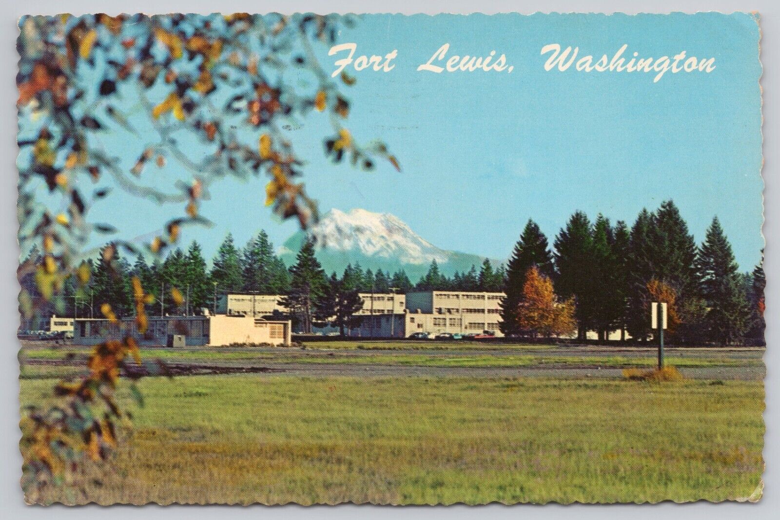 Fort Lewis Washington, Mount Rainier, Veterans Barracks, Vintage Postcard
