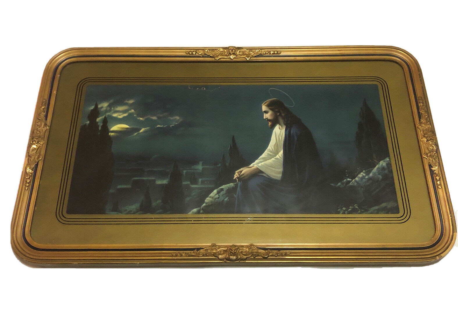 Vintage MCM Large 39”x23” Jesus Print- Gold Gilt Wood Frame. Mt Olives-Giovanni