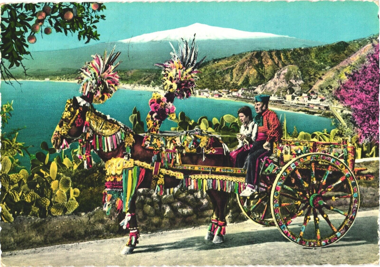 Man And Woman Riding A Very Colorful Sicilian Cart, Sicily, Italy Postcard