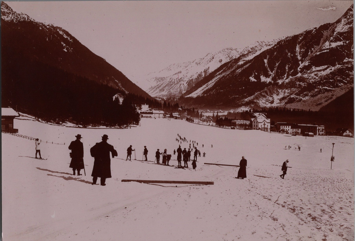 France, Chamonix, the ski race in the bottom of the valley vintage print, shooting