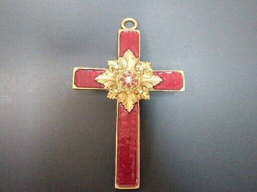 Cast Brass Enamel Cross Ornament Red Gold Christmas Religious Victorian Style