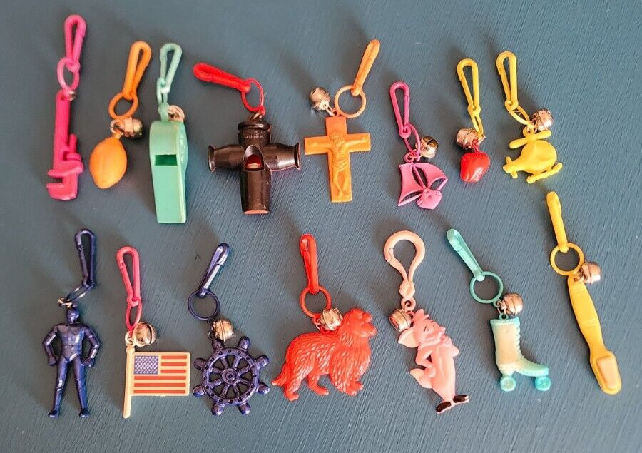 15 Vintage 1980s Plastic Clip On 80s Bell Charms w/ RARE Tom/Dog/Cross & more