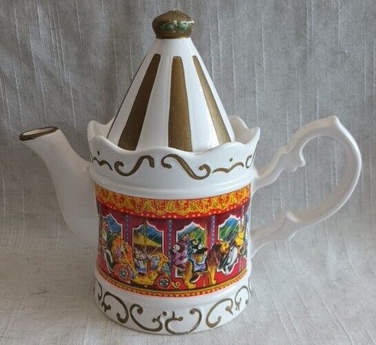 Vintage Ceramic Teapot Carousel Merry Go Round Circus Animals SCC Stamp