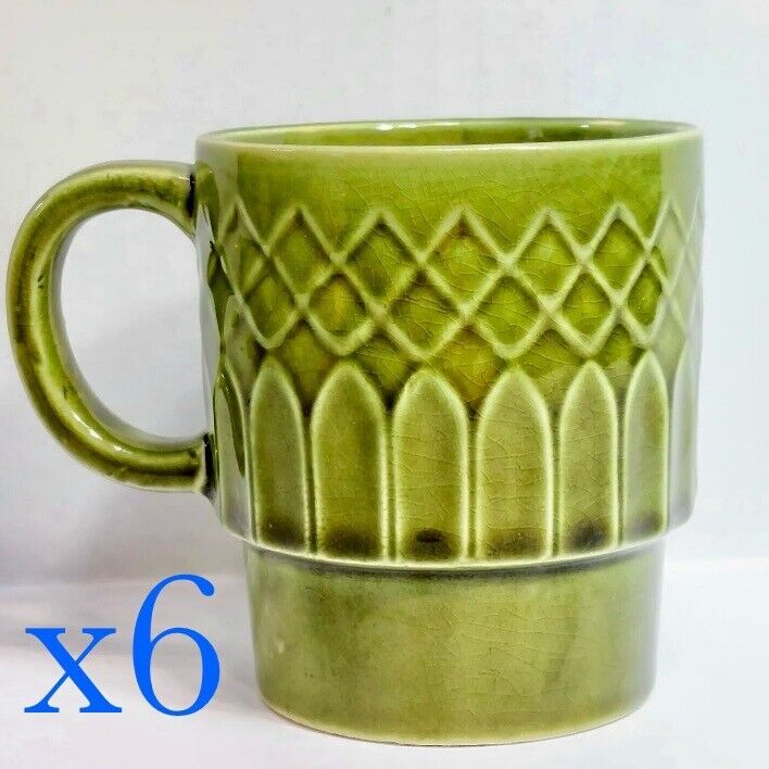Vintage Avocado Green Coffee Mugs X6 Retro Olive Diamond Stacking Cup Japan 70s