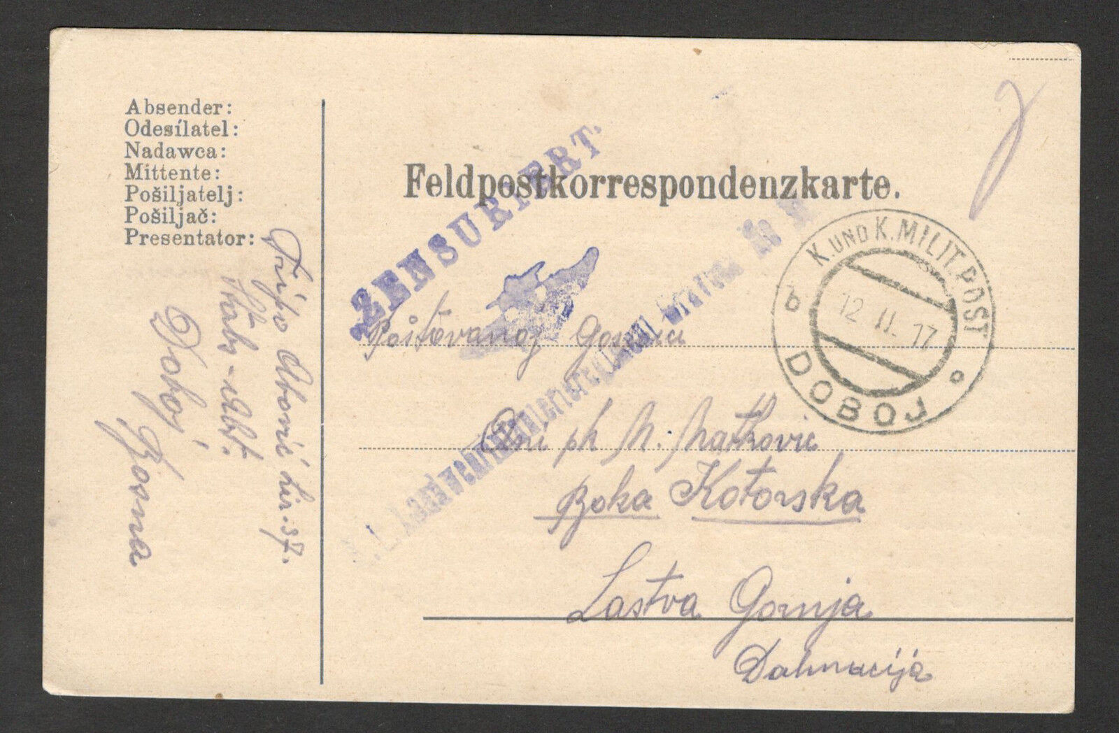 GERMANY-AUSTRIA-HUNGARY-MONTENEGRO-BOSNIA-FELDPOST CENSORED POSTCARD-1917.