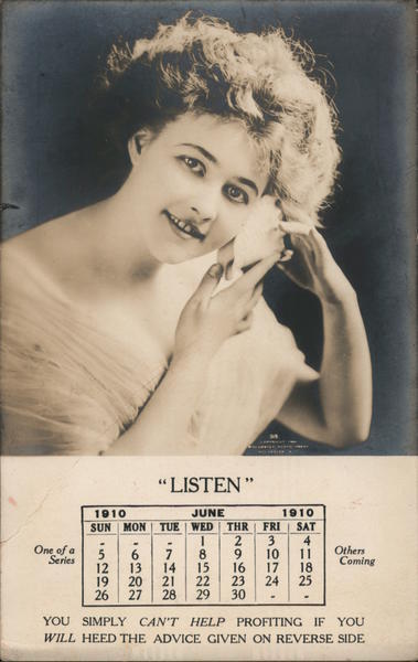 RPPC June 1910 Calendar,Woman Listening to Seashell,Evans-Snider-Buel Co.