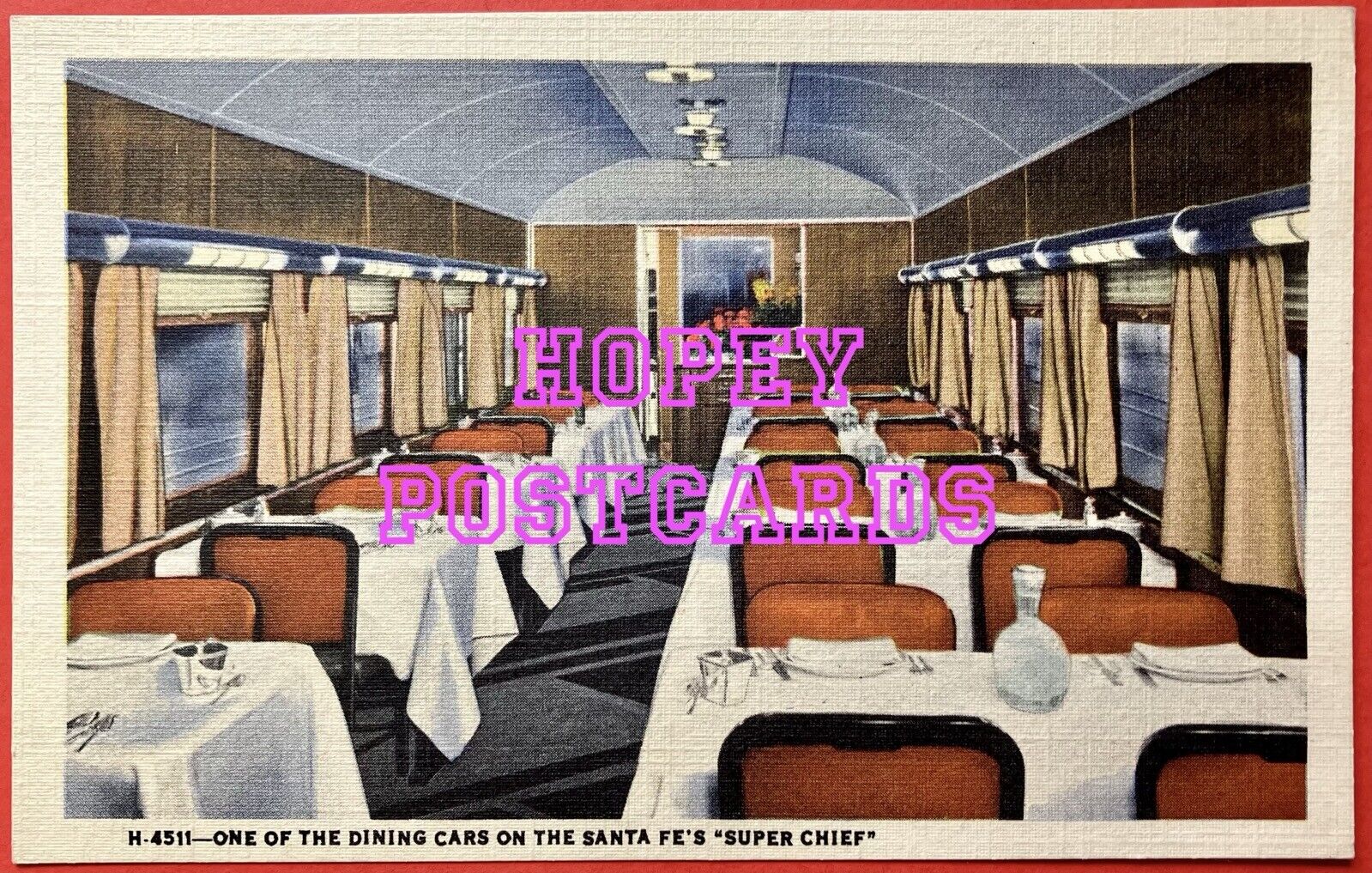 SANTA FE\'S SUPER CHIEF ~  DINING CAR ~FRED HARVEY ~ LINEN postcard~ 1946