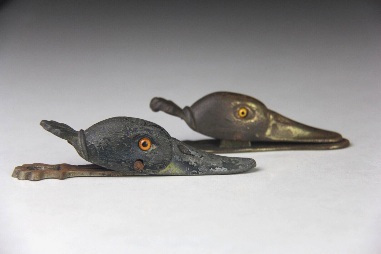 Pair of Antique Brass Duck Head w/ Glass Eyes Desk Paper Holder Clip