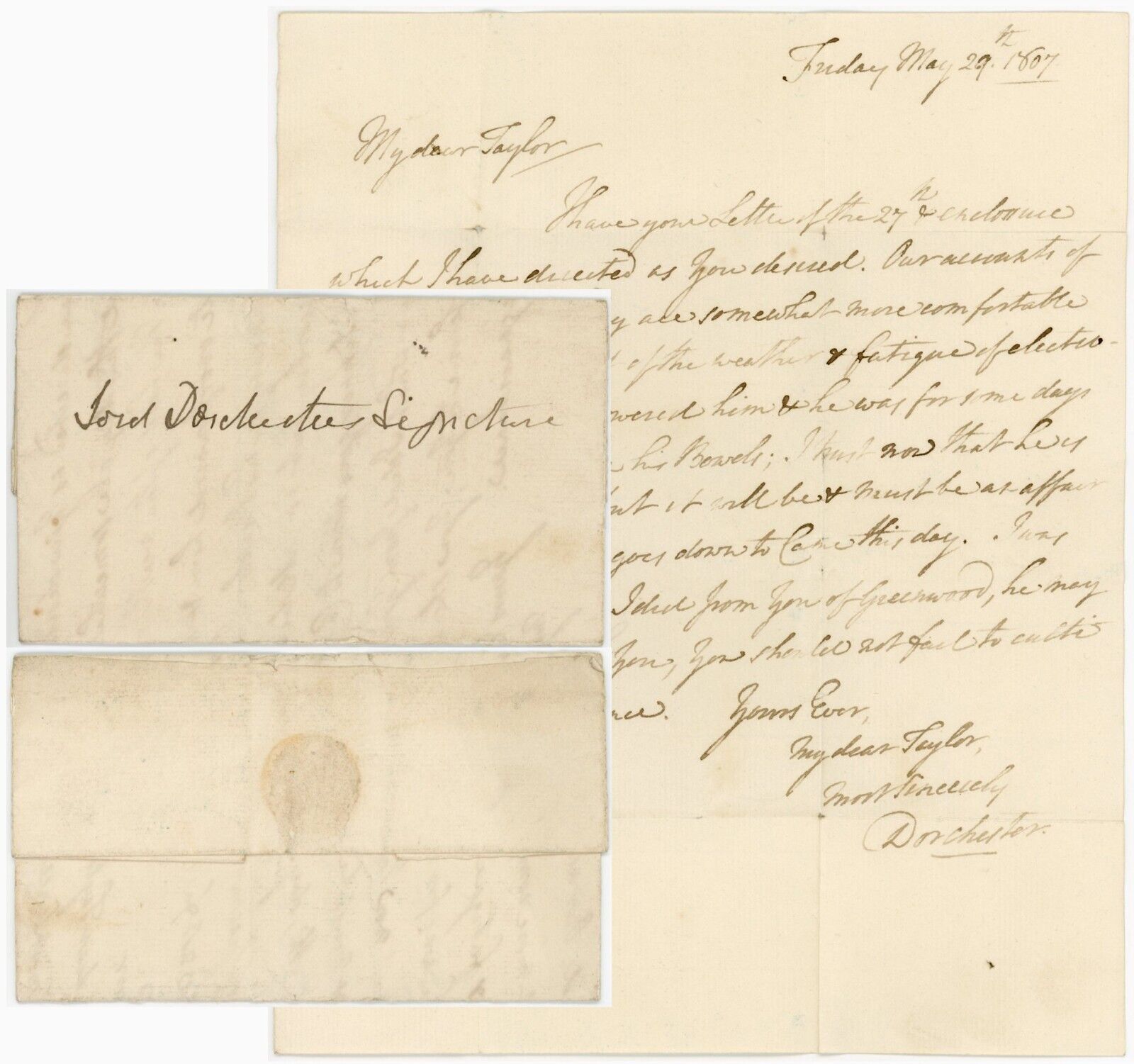 1807 LETTER BARON DORCHESTER to TAYLOR ..DR JENNER + WATERMARKED JELLYMAN 1804