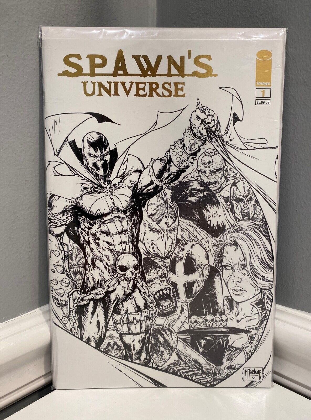 Spawn's Universe #1 Gold Foil Variant McFarlane Store Exclusive B&W Cover Image