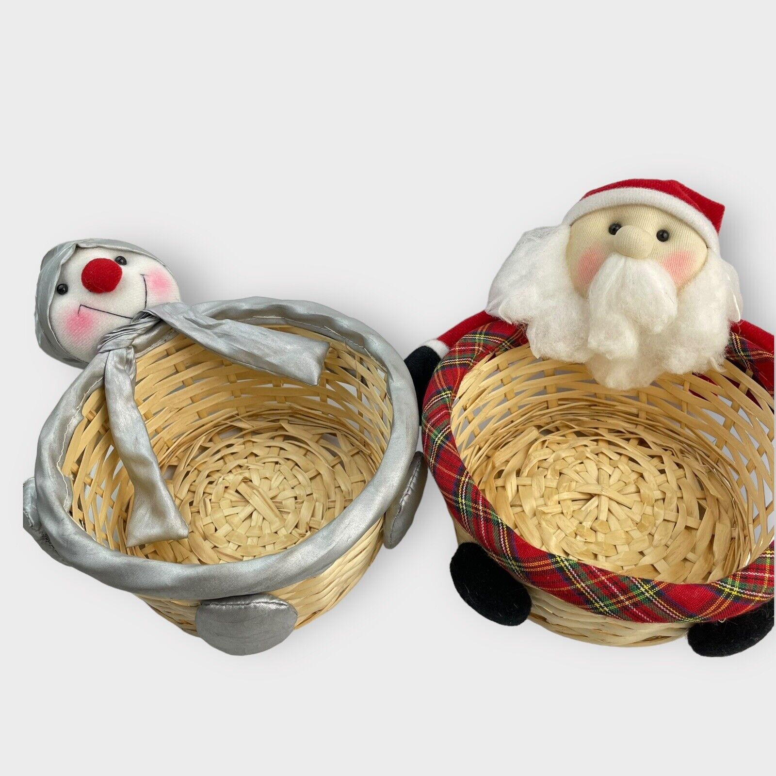 VTG Set of 2 Plush Holiday Round Basket Santa Clause Red Silver Snowman Decor