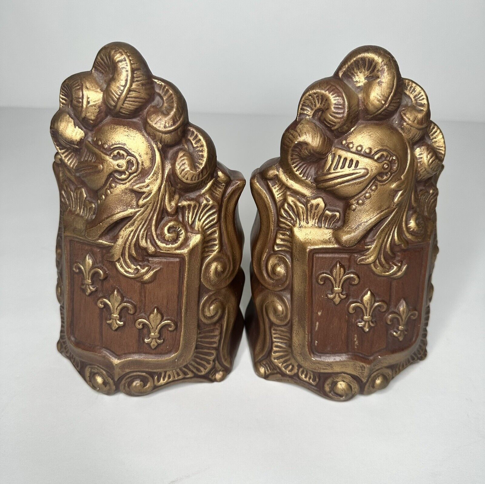 Ceramic Bookends Vintage Set of 2 Medieval Armor Knight Brown Gold 8”