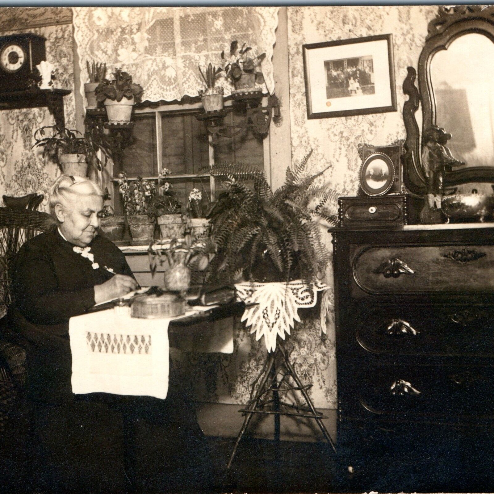 ID\'d c1910s Lovely Old Lady Inside Home RPPC Real Photo Bertha Nehls A158