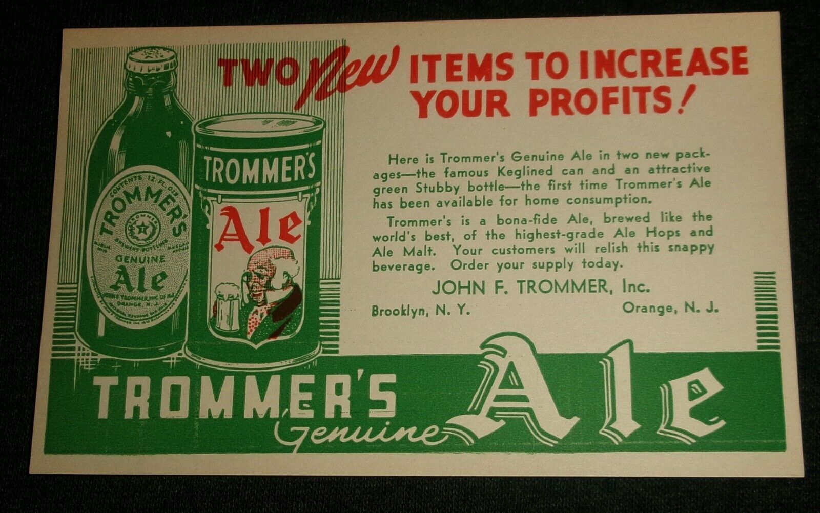MINT Trommers Ale 1940\'s Vintage Postcard, Flat Top Beer Can Graphics, NY & NJ