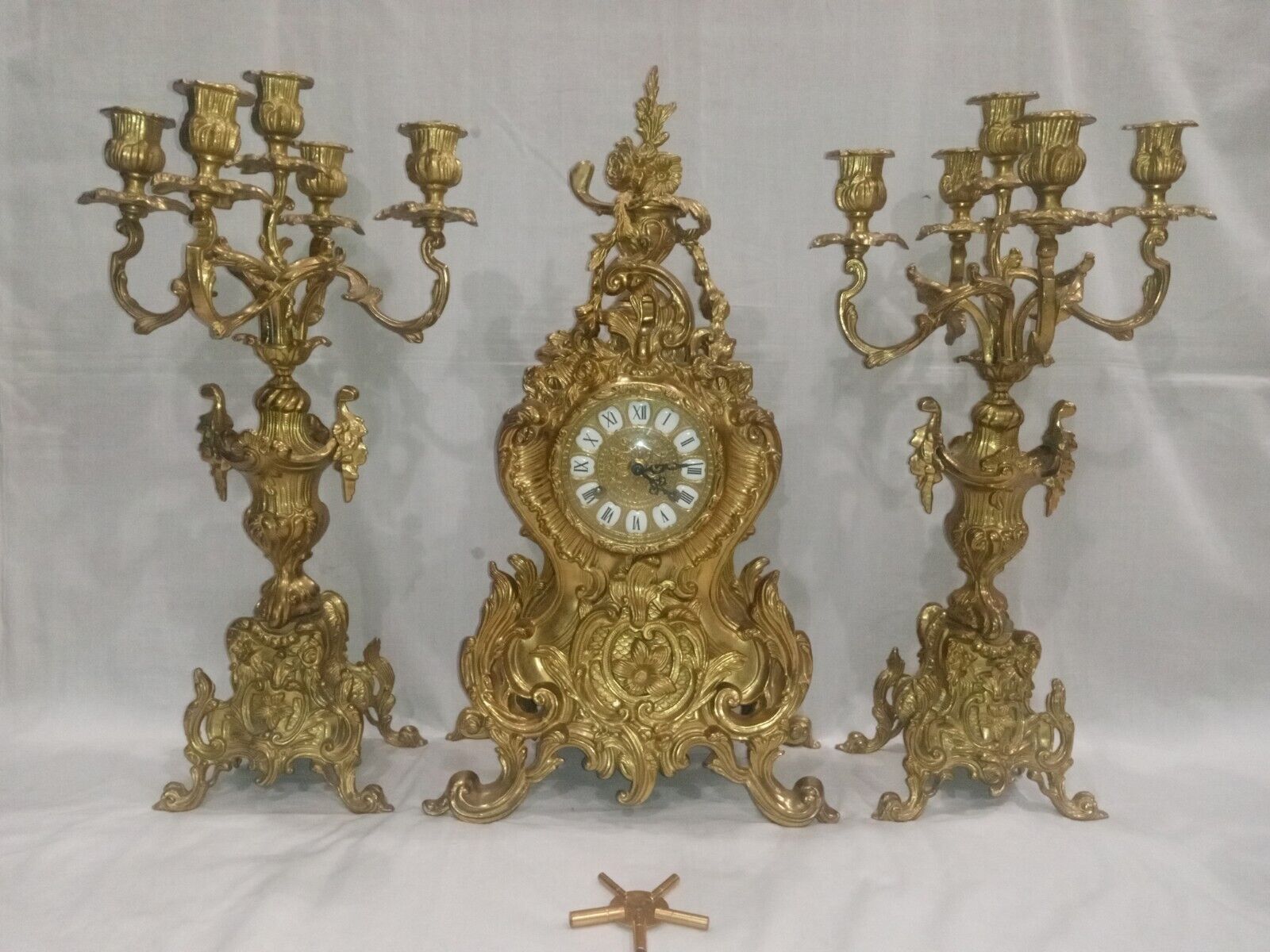 Vintage Lancini Italian Brass Gilted Mantel Clock, Candelabra Set Franz Hermle 
