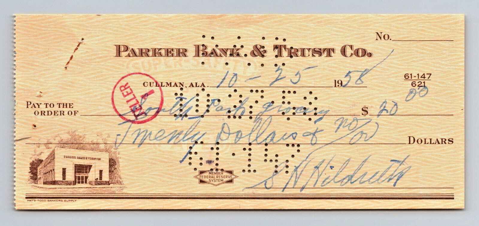Vintage 1958 cancelled check PARKER BANK & TRUST CO. Cullman, Alabama