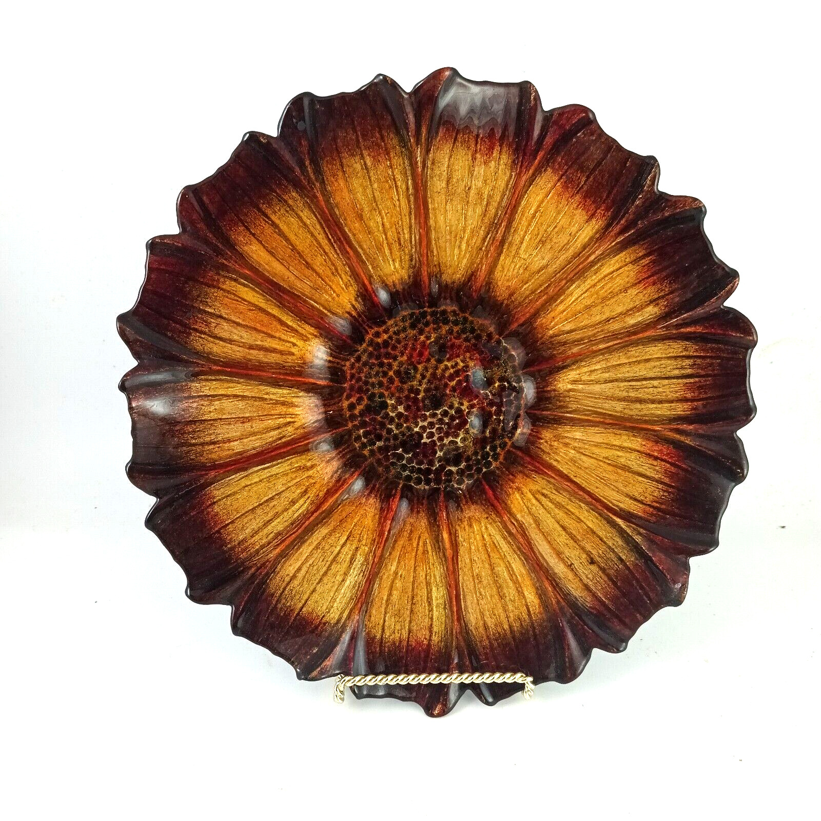 Sunflower Round Decorative Glass Platter Gold Tone Petals 11\