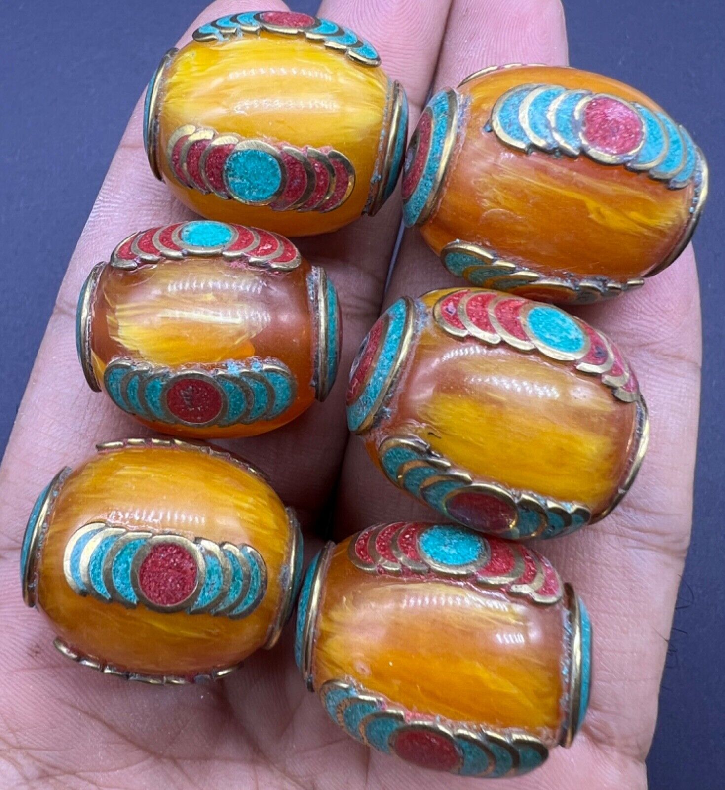 Tibetan South Asian Antiques Natural Baltic Amber From Nepal Lot Of 6 Beads